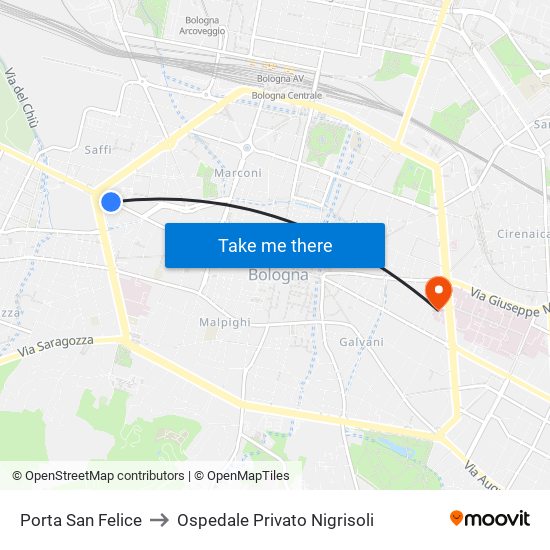 Porta San Felice to Ospedale Privato Nigrisoli map