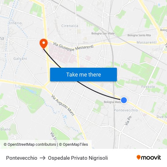Pontevecchio to Ospedale Privato Nigrisoli map