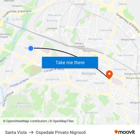 Santa Viola to Ospedale Privato Nigrisoli map