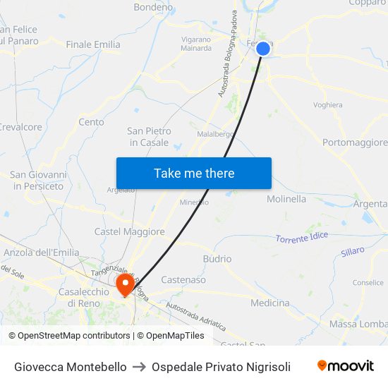 Giovecca Montebello to Ospedale Privato Nigrisoli map