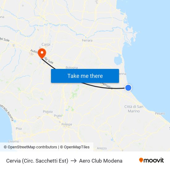 Cervia (Circ. Sacchetti Est) to Aero Club Modena map