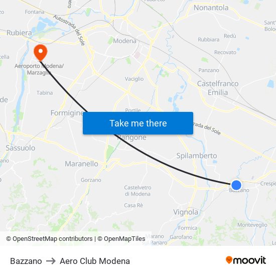 Bazzano to Aero Club Modena map