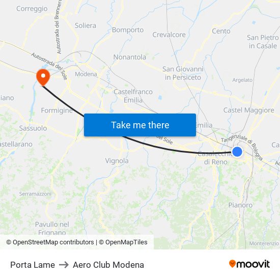 Porta Lame to Aero Club Modena map