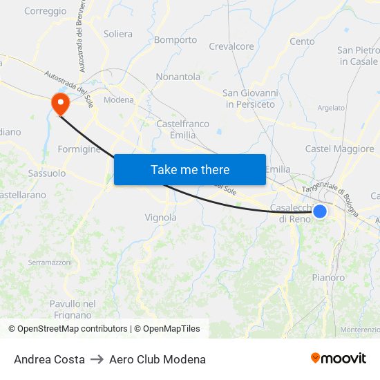 Andrea Costa to Aero Club Modena map