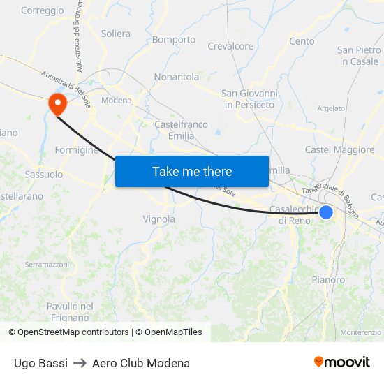Ugo Bassi to Aero Club Modena map