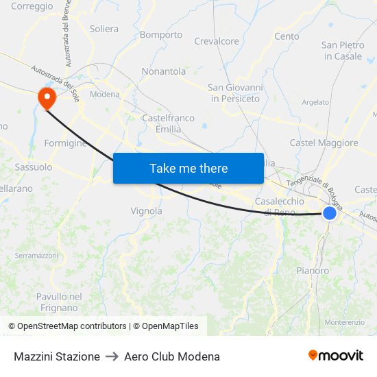 Mazzini Stazione to Aero Club Modena map