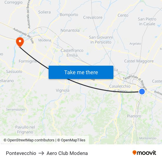 Pontevecchio to Aero Club Modena map