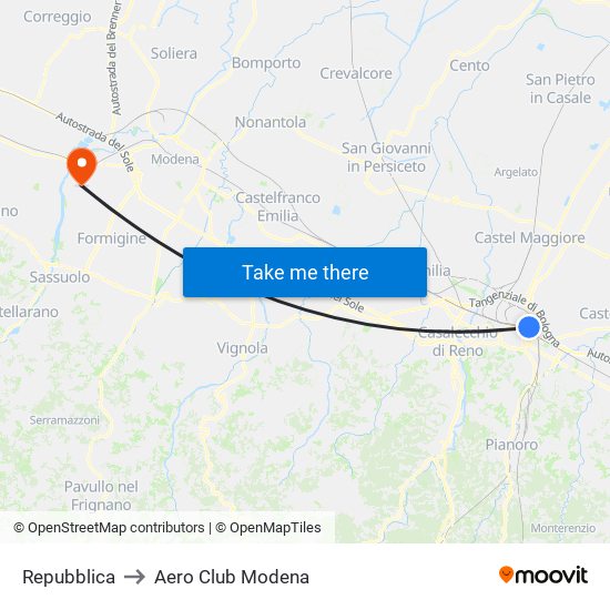 Repubblica to Aero Club Modena map