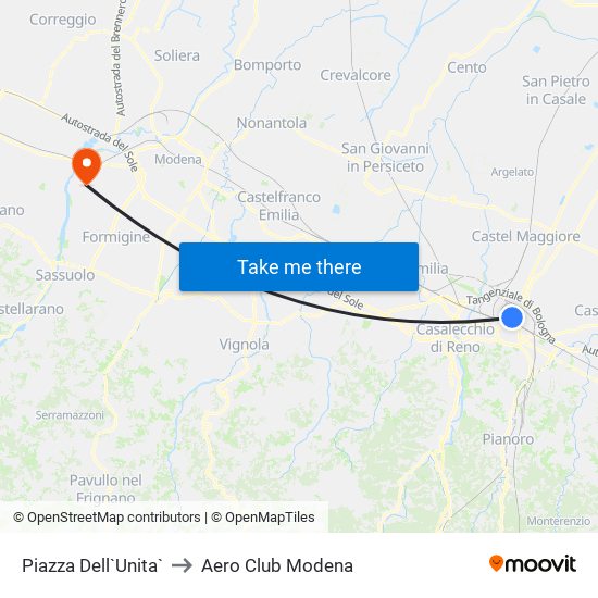 Piazza Dell`Unita` to Aero Club Modena map