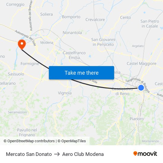 Mercato San Donato to Aero Club Modena map