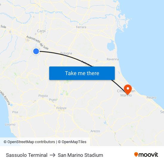 Sassuolo Terminal to San Marino Stadium map