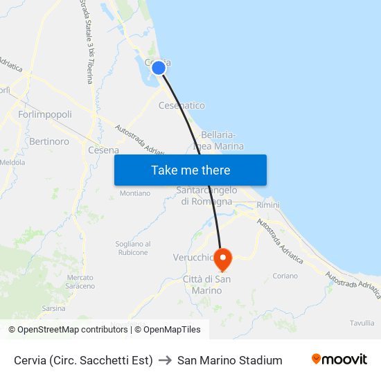 Cervia (Circ. Sacchetti Est) to San Marino Stadium map
