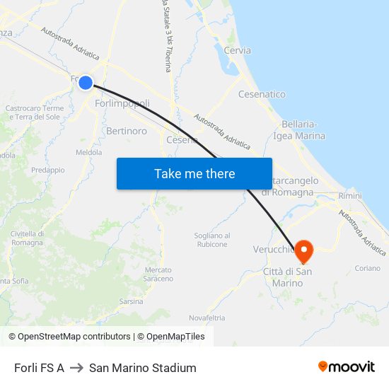 Forli FS A to San Marino Stadium map