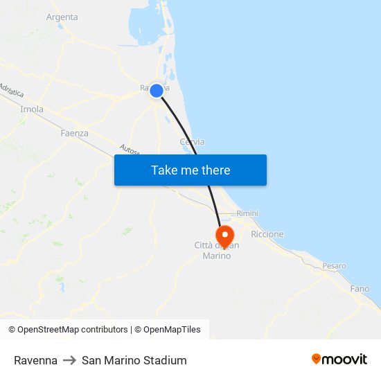 Ravenna to San Marino Stadium map