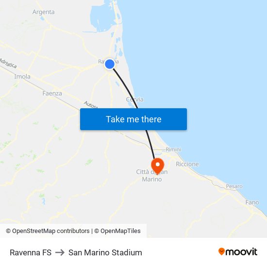 Ravenna FS to San Marino Stadium map