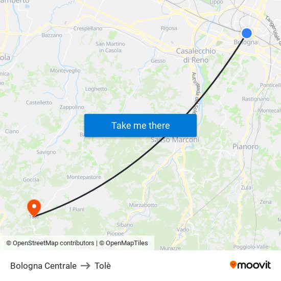 Bologna Centrale to Tolè map