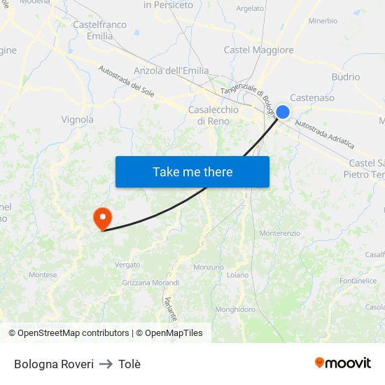 Bologna Roveri to Tolè map