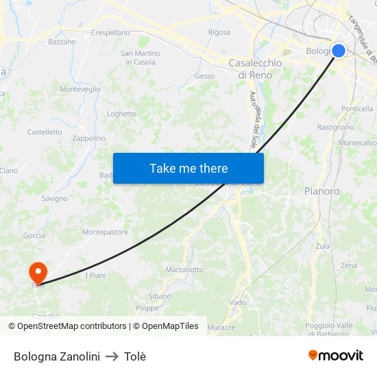 Bologna Zanolini to Tolè map