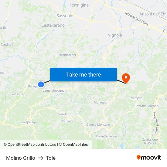 Molino Grillo to Tolè map