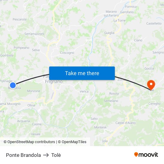 Ponte Brandola to Tolè map