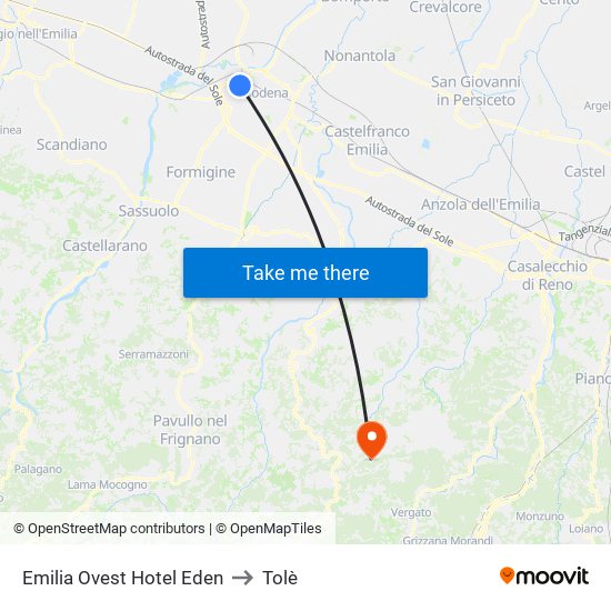 Emilia Ovest Hotel Eden to Tolè map