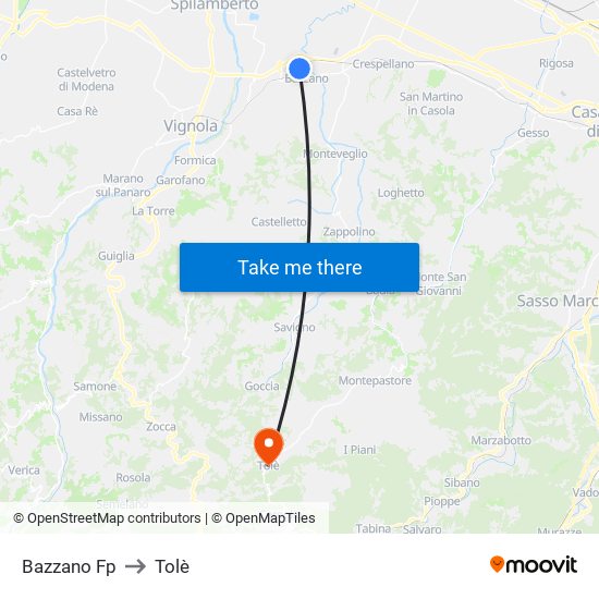 Bazzano Fp to Tolè map