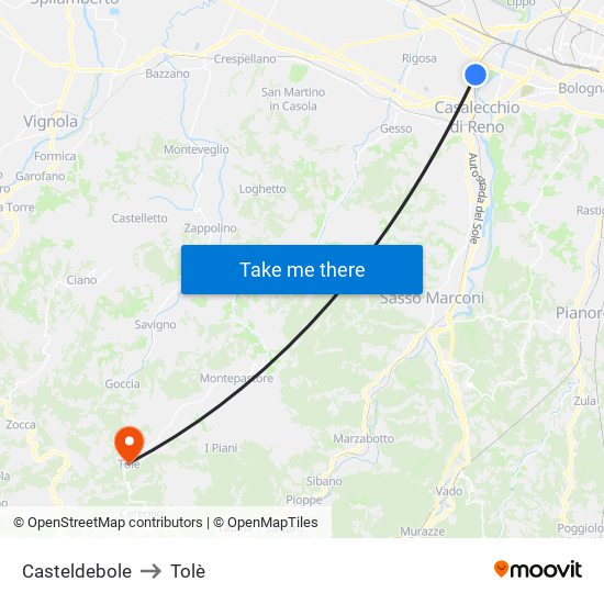 Casteldebole to Tolè map