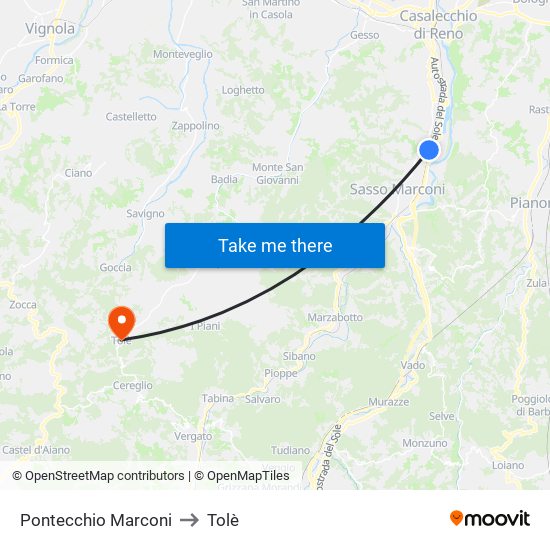 Pontecchio Marconi to Tolè map