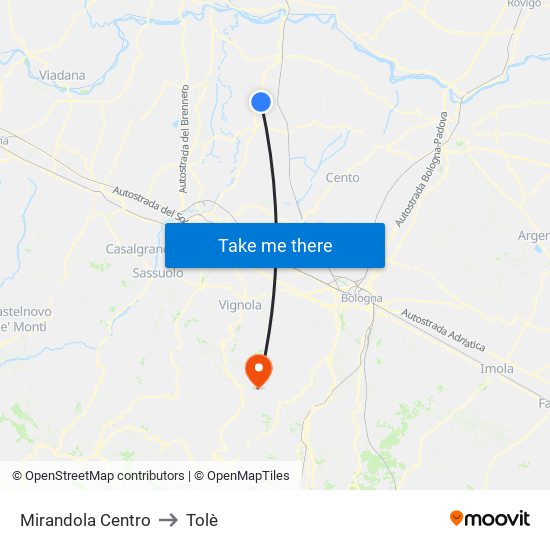 Mirandola Centro to Tolè map