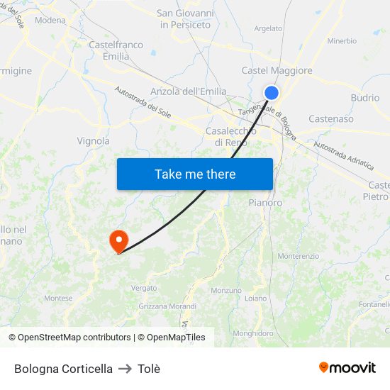 Bologna Corticella to Tolè map