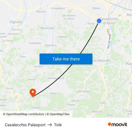 Casalecchio Palasport to Tolè map