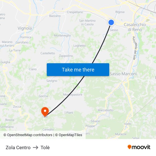 Zola Centro to Tolè map