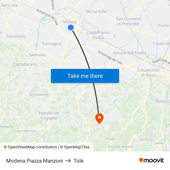 Modena Piazza Manzoni to Tolè map