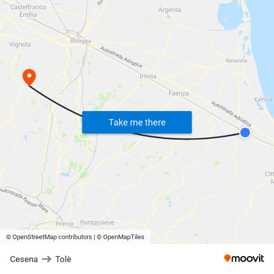 Cesena to Tolè map