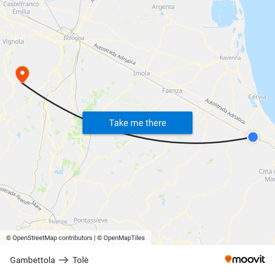 Gambettola to Tolè map