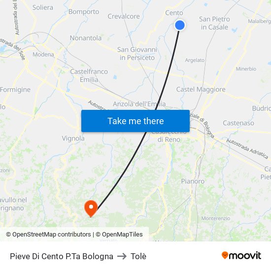 Pieve Di Cento P.Ta Bologna to Tolè map