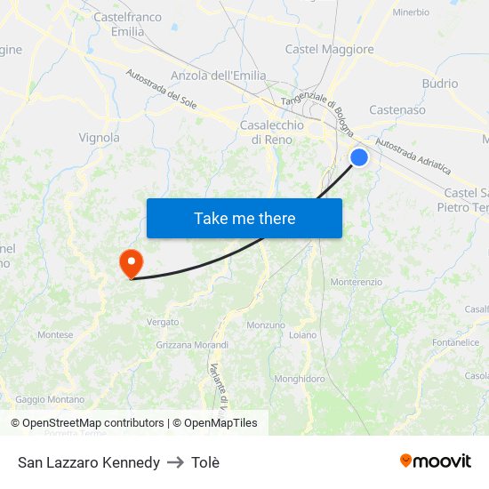 San Lazzaro Kennedy to Tolè map