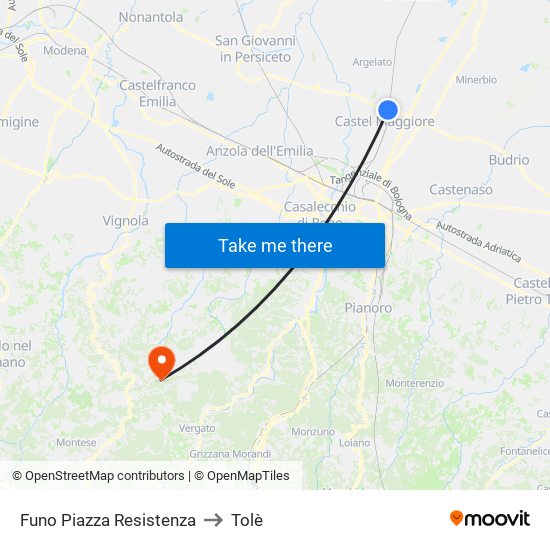 Funo Piazza Resistenza to Tolè map