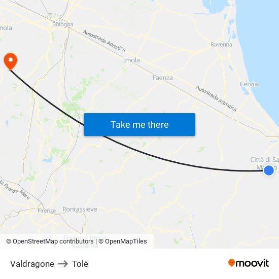 Valdragone to Tolè map