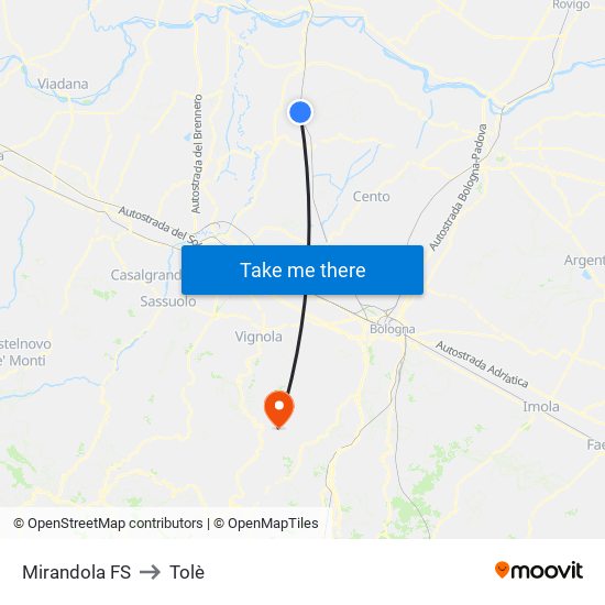 Mirandola FS to Tolè map