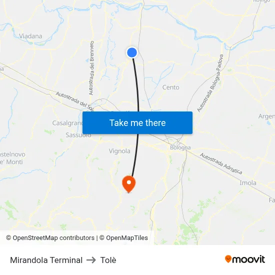 Mirandola Terminal to Tolè map