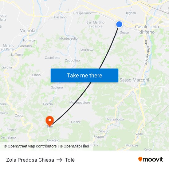 Zola Predosa Chiesa to Tolè map