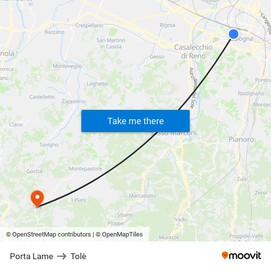 Porta Lame to Tolè map