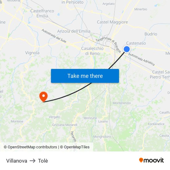 Villanova to Tolè map