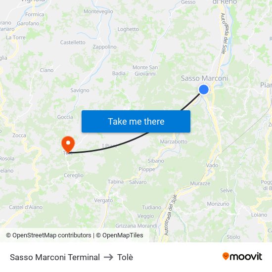 Sasso Marconi Terminal to Tolè map