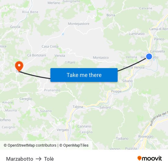 Marzabotto to Tolè map