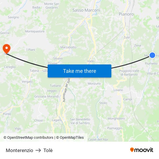 Monterenzio to Tolè map