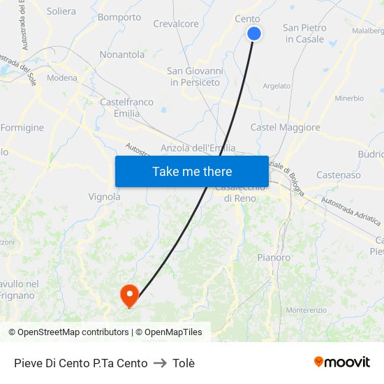 Pieve Di Cento P.Ta Cento to Tolè map
