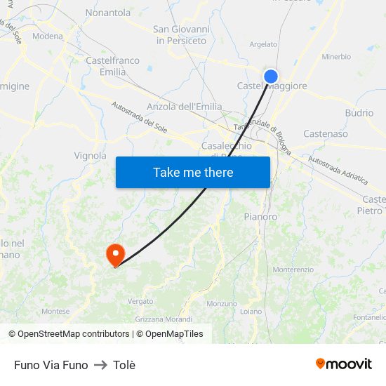 Funo Via Funo to Tolè map