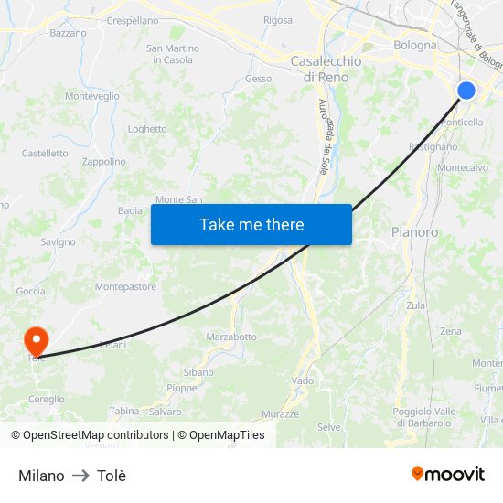 Milano to Tolè map